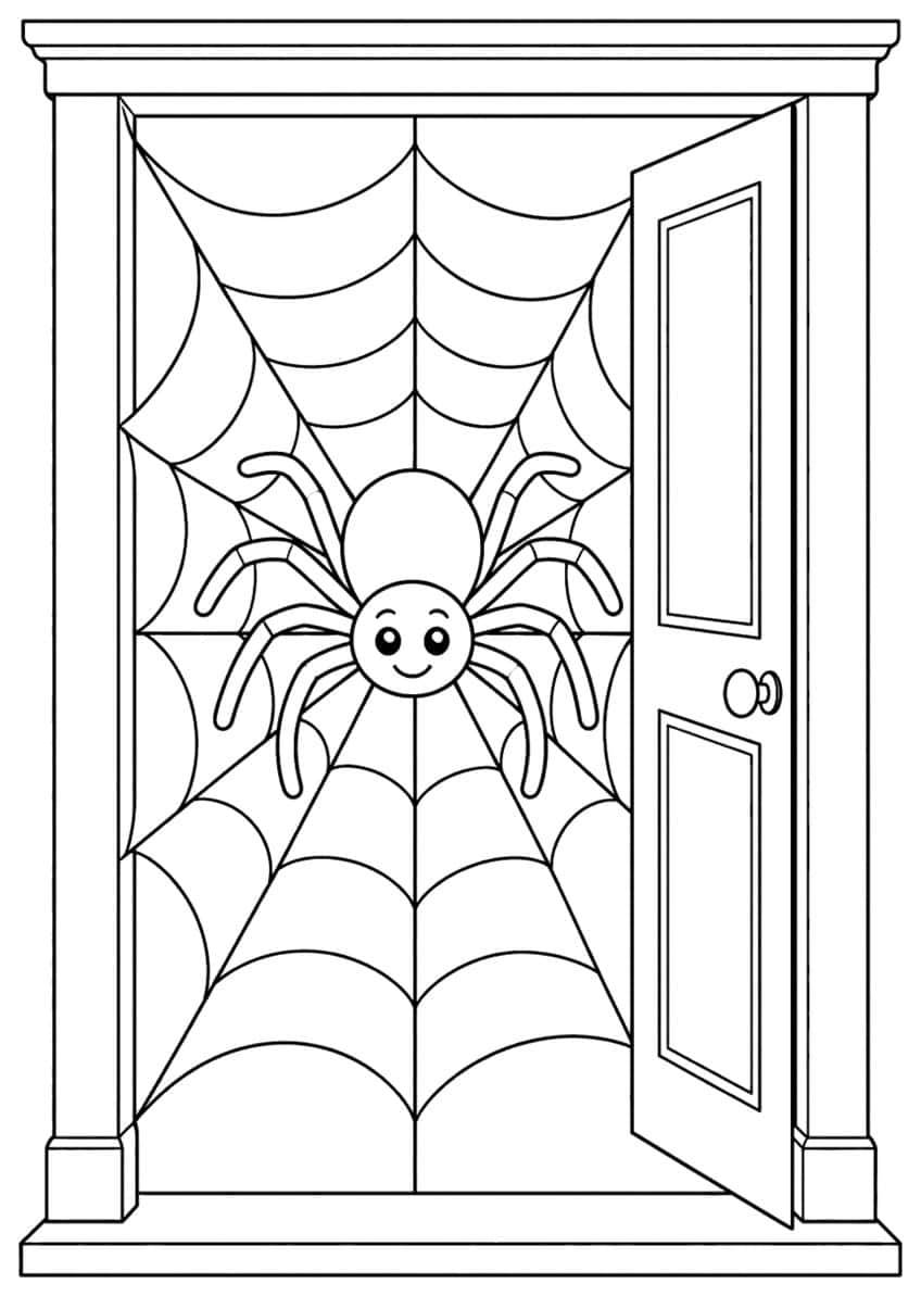 Coloring page with a smiling spider on a web in an open doorway