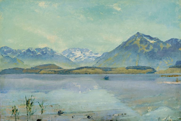 Ferdinand Hodler’s painted view across Lake Thun toward the Niesen and the snow-covered Blüemlisalp.