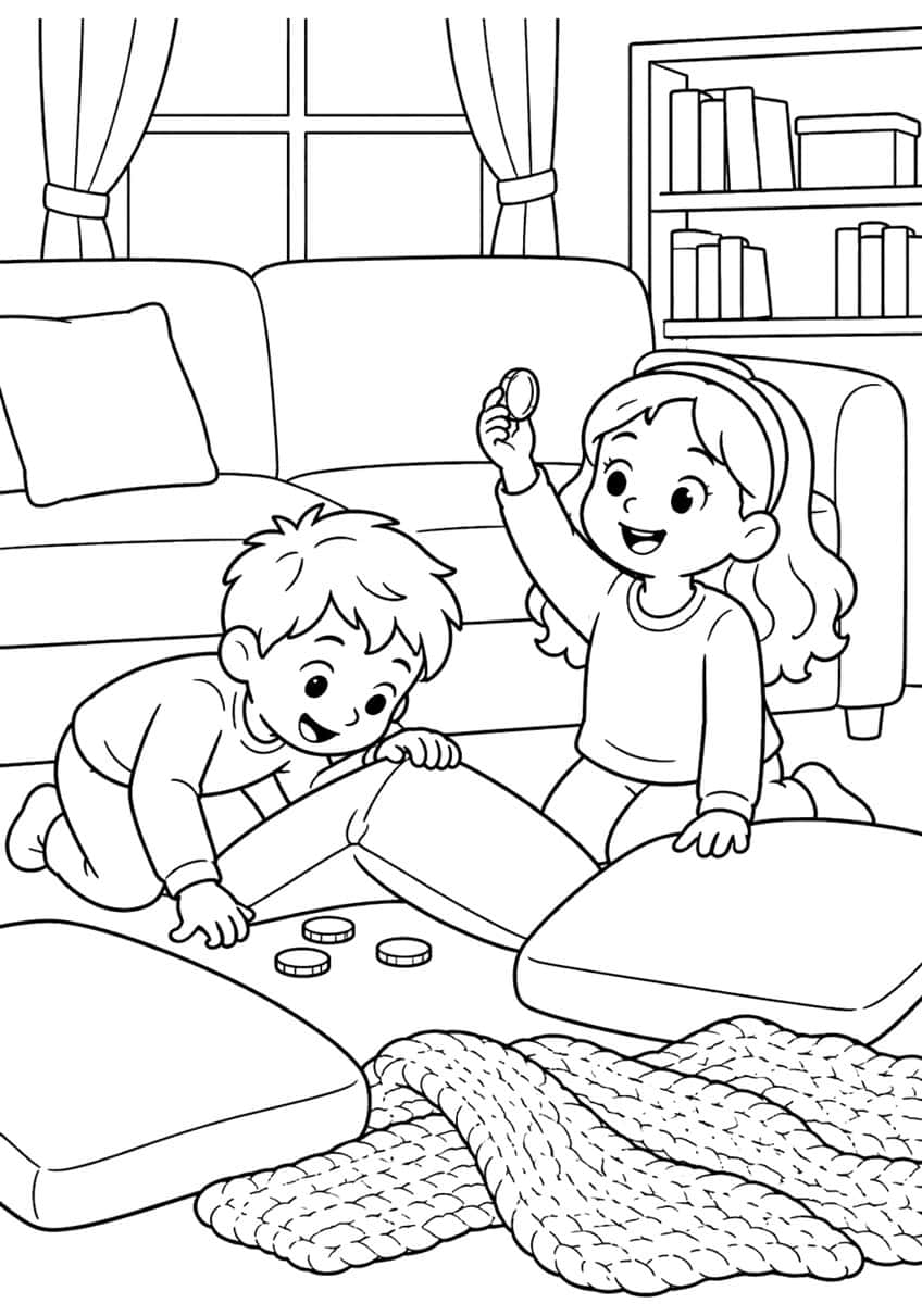 Boy and girl searching for coins under floor cushions in a living room with sofa, bookshelf and knit blanket