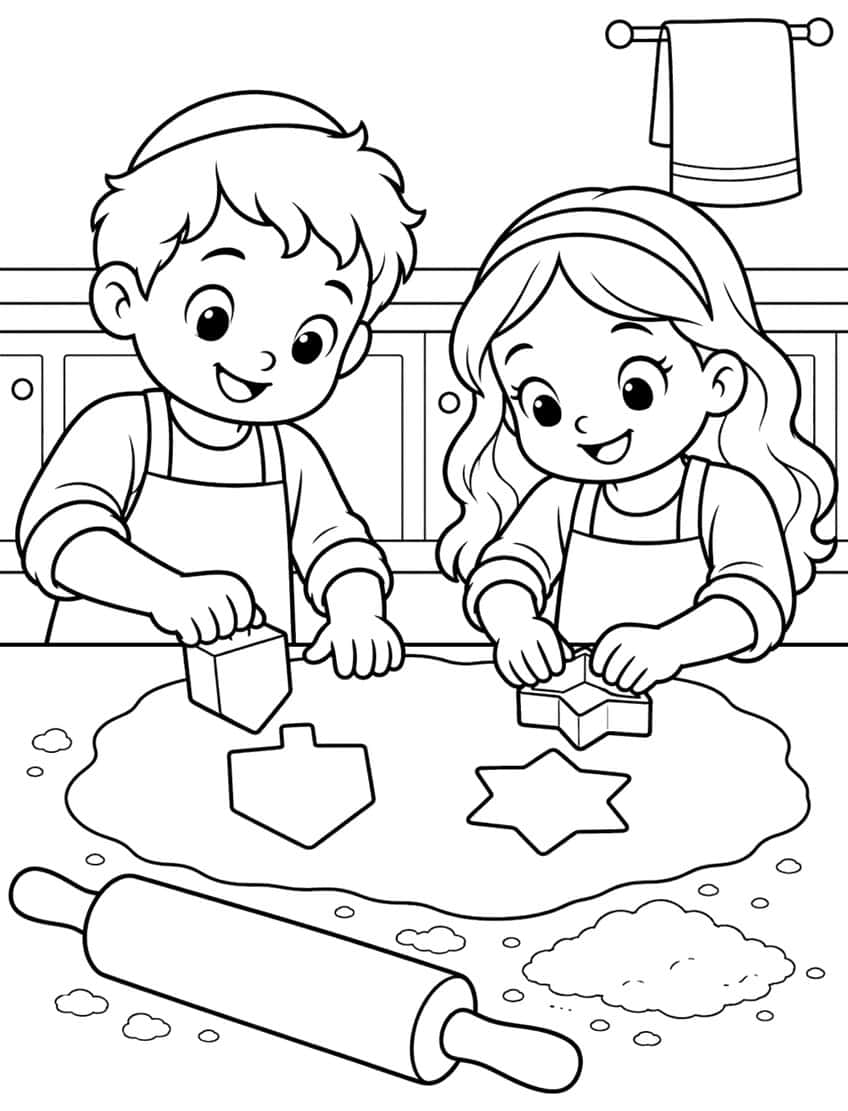 Boy and girl in aprons cutting dreidel and star cookies from dough with a rolling pin nearby