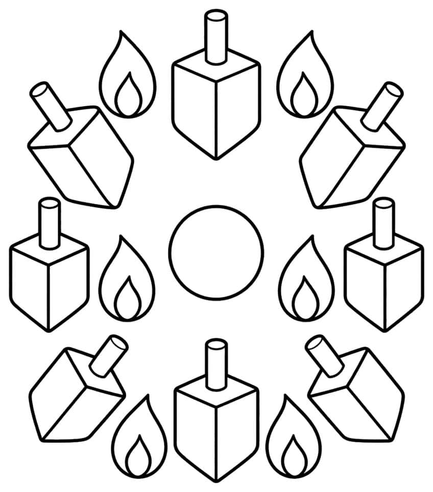 Ring of eight dreidels and six flames around a central circle