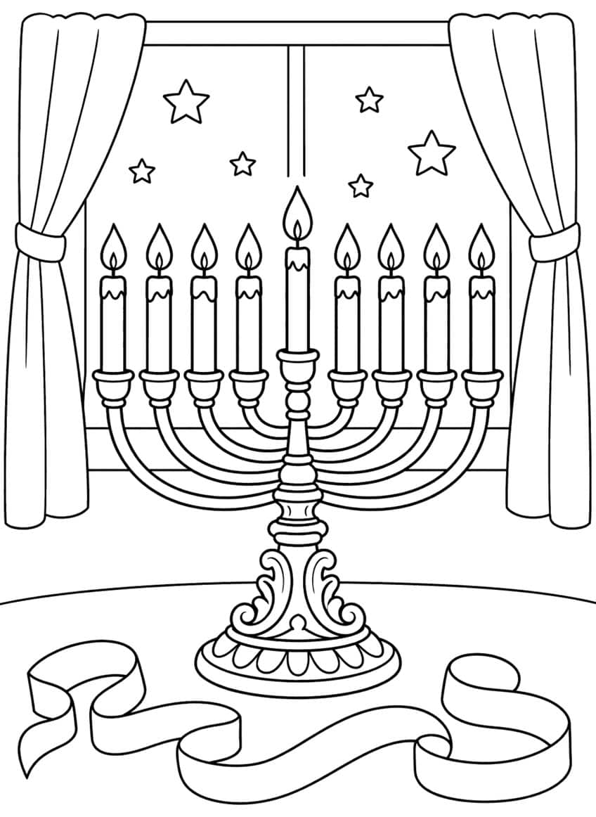 Nine lit candles on a hanukkiah in a window with curtains, six stars and a ribbon banner