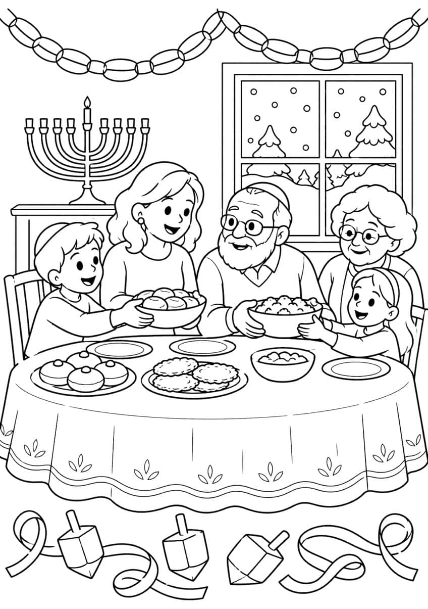 Family at a round table with doughnuts and latkes, a menorah, a snowy window and three dreidels
