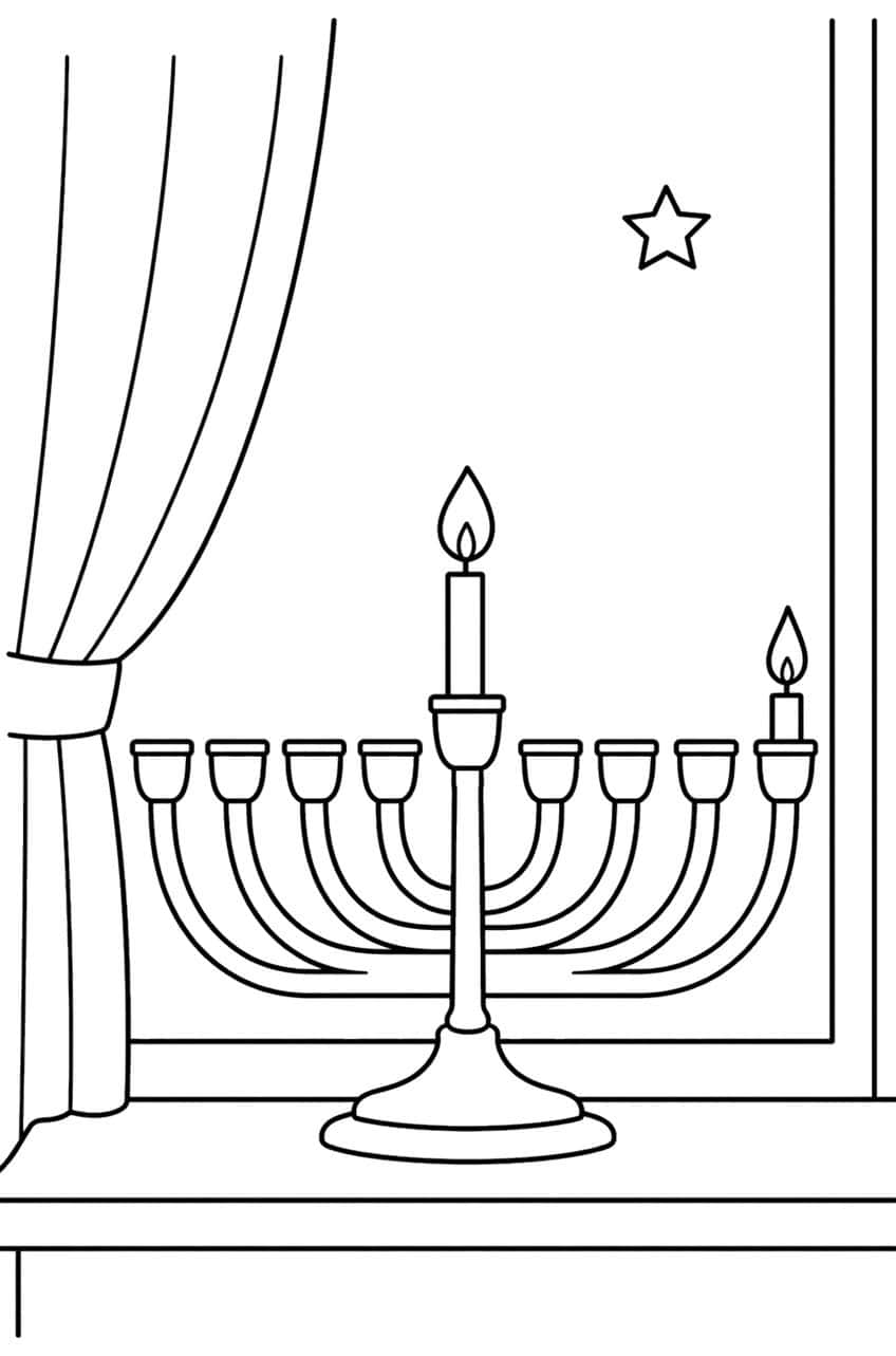 Nine-branch hanukkiah with two lit candles on a window sill, curtain and a star