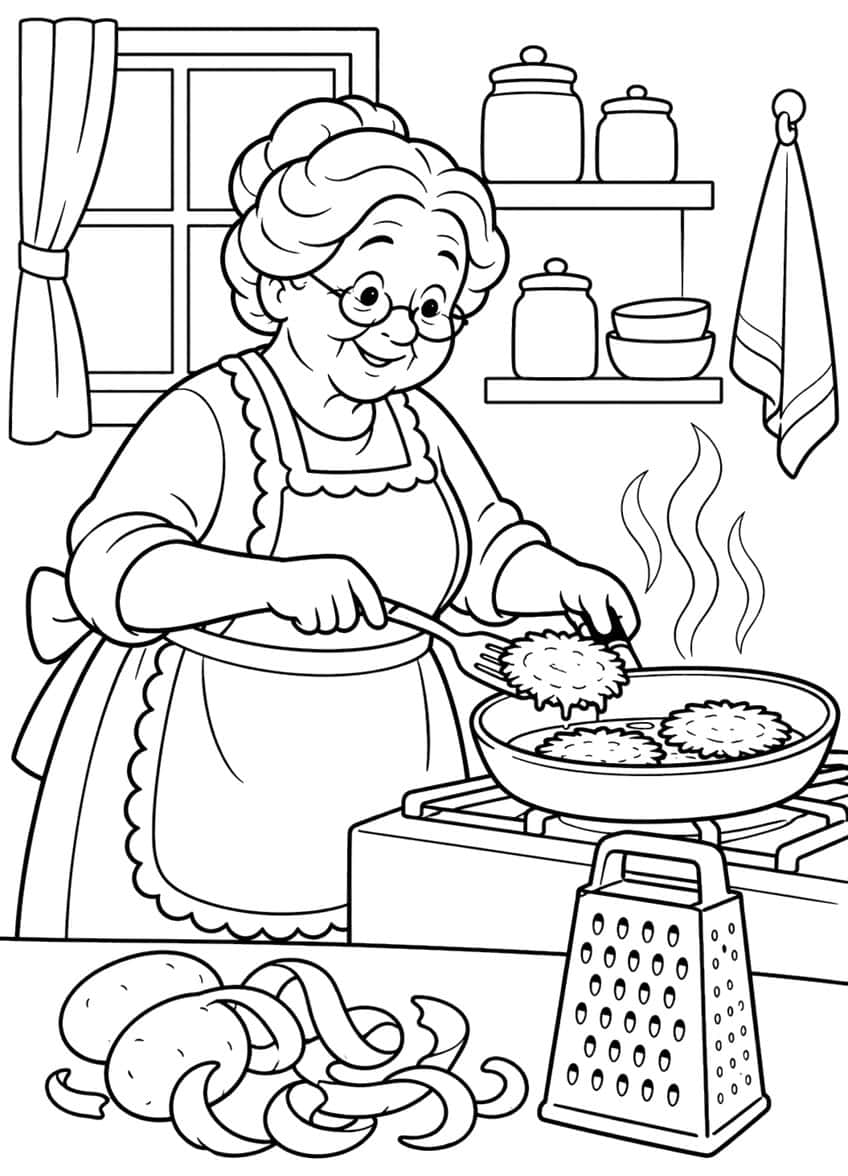 Grandmother with glasses frying latkes in a pan, with box grater, potatoes, shelf with jars and towel