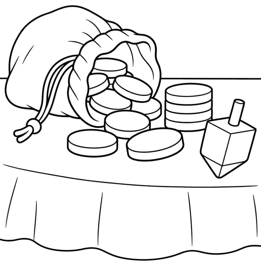 Drawstring gelt bag with spilled coins, a coin stack and a dreidel on a table