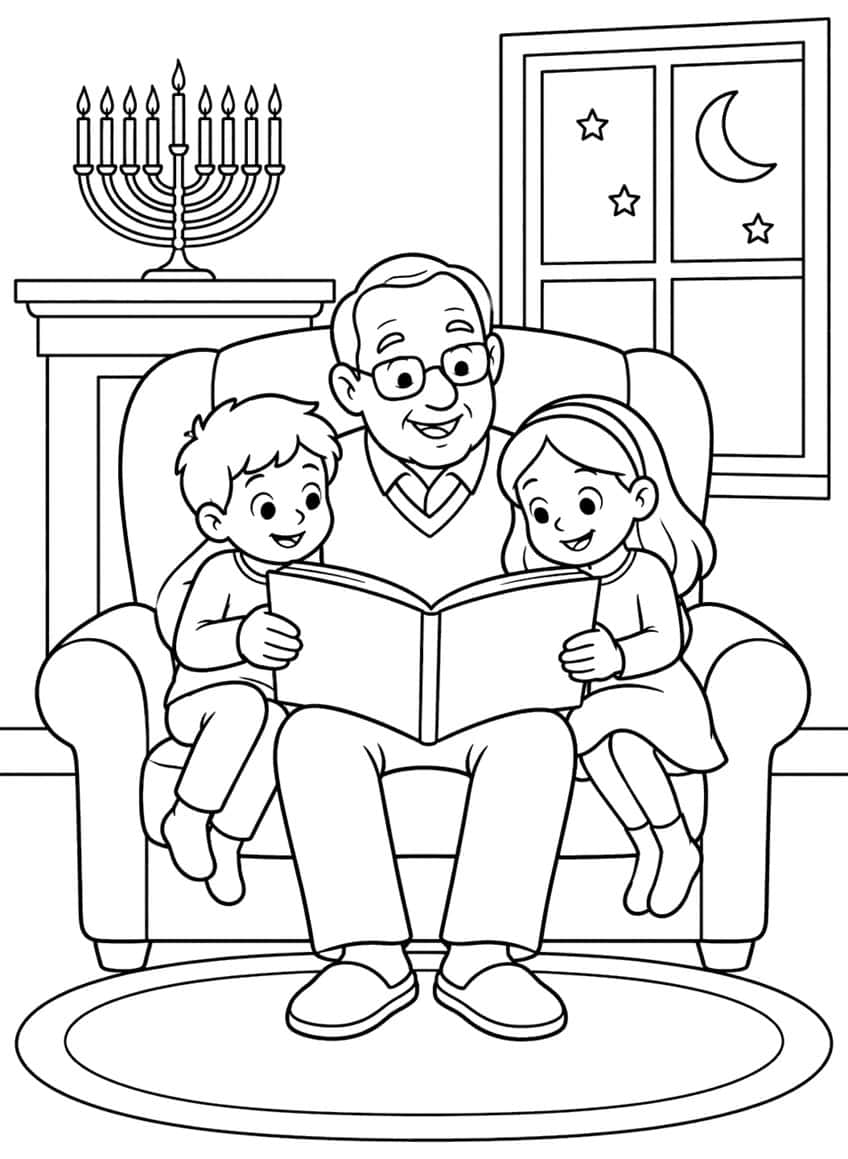 Grandfather reading a book to a boy and girl in an armchair, menorah on a mantel, moonlit window