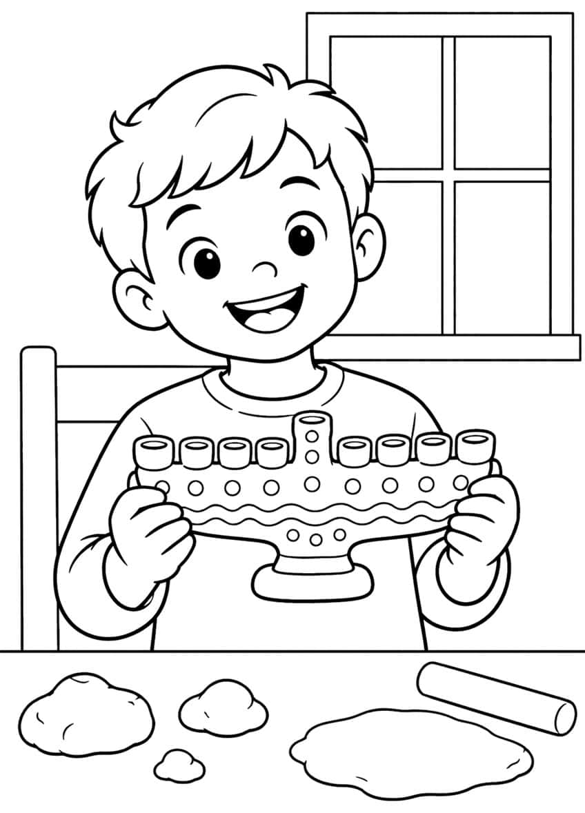 Smiling boy holding a clay hanukkiah with nine cups, dough and rolling pin on the table, window behind