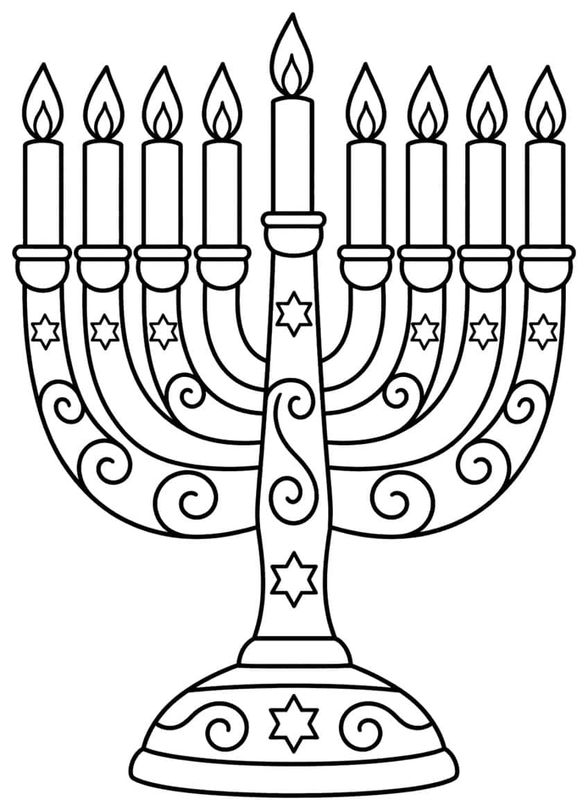Nine-branch hanukkiah with flames, decorated with small Stars of David and spiral swirls on a domed base