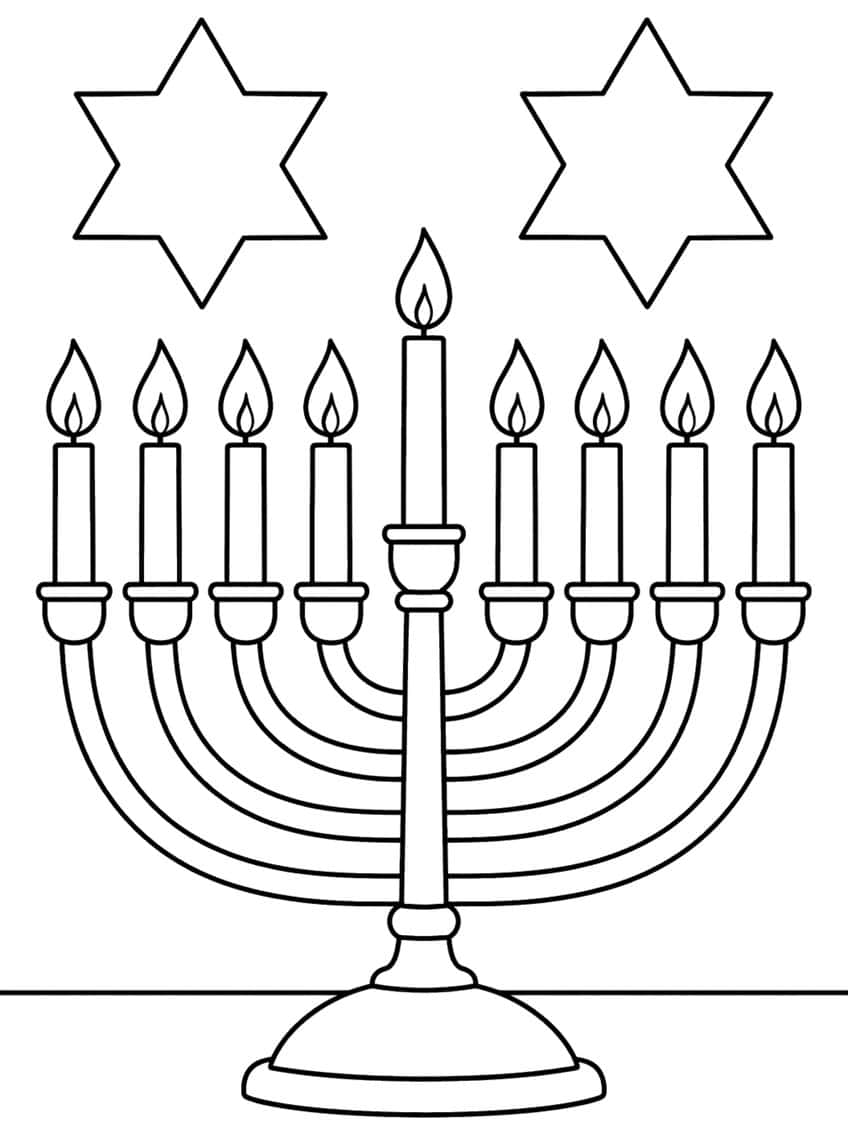 Hanukkiah with nine lit candles on a domed base and two Stars of David above