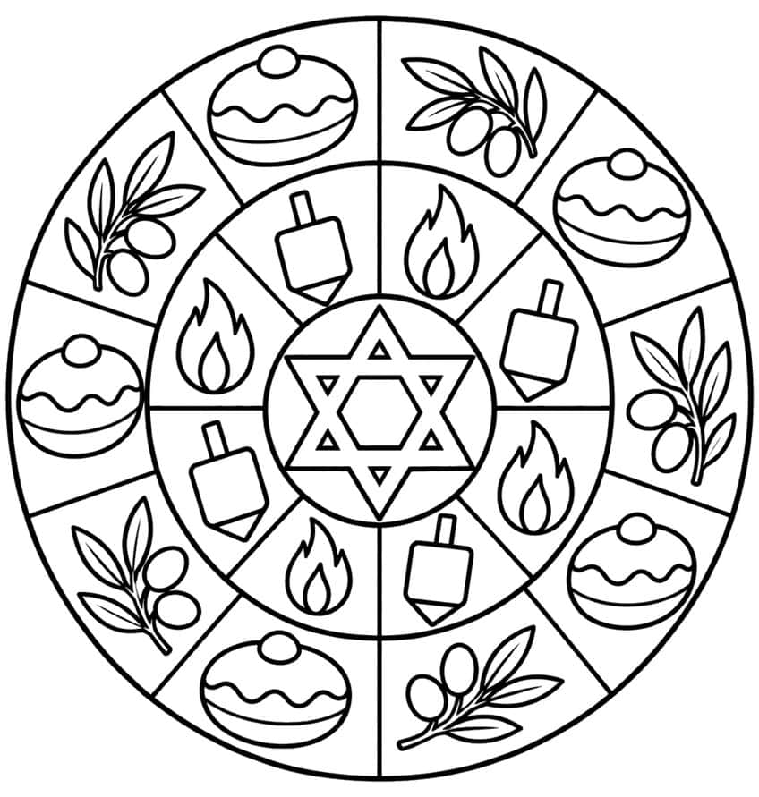 Round Hanukkah mandala with Star of David, dreidels, flames, doughnuts and olive branches