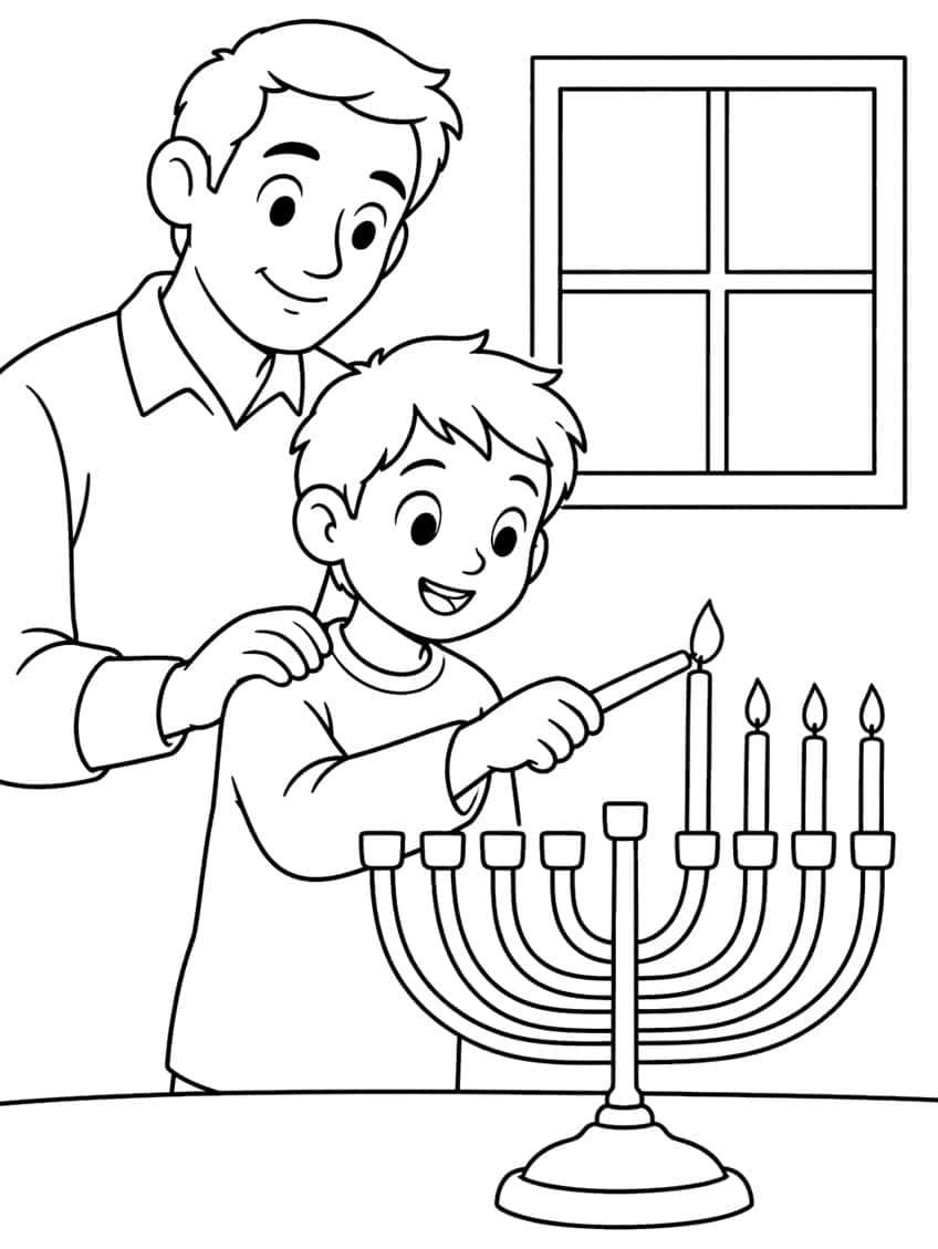 Father and boy lighting a nine-branch hanukkiah with a taper beside a four-pane window