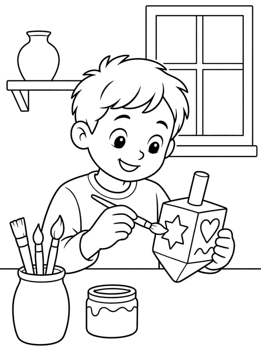 Boy painting a star on a dreidel, with a brush jar, paint pot, window and vase on a shelf