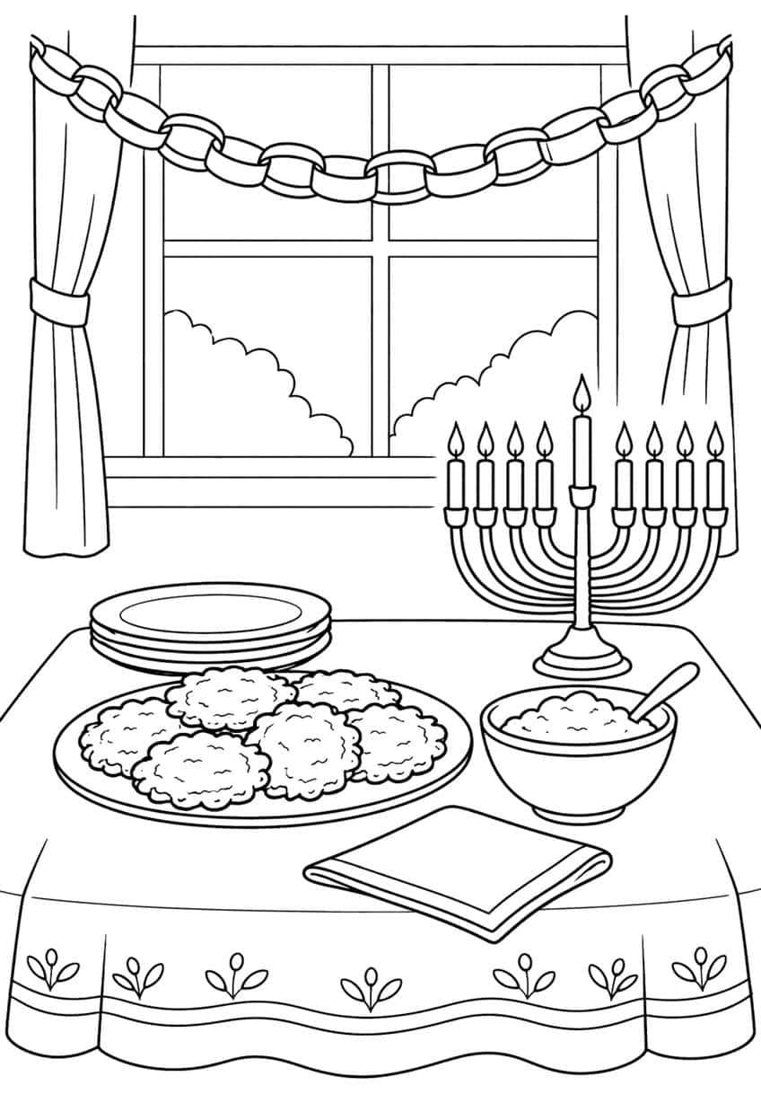Table with latkes, bowl, napkin and lit menorah before a window with paper chain and curtains