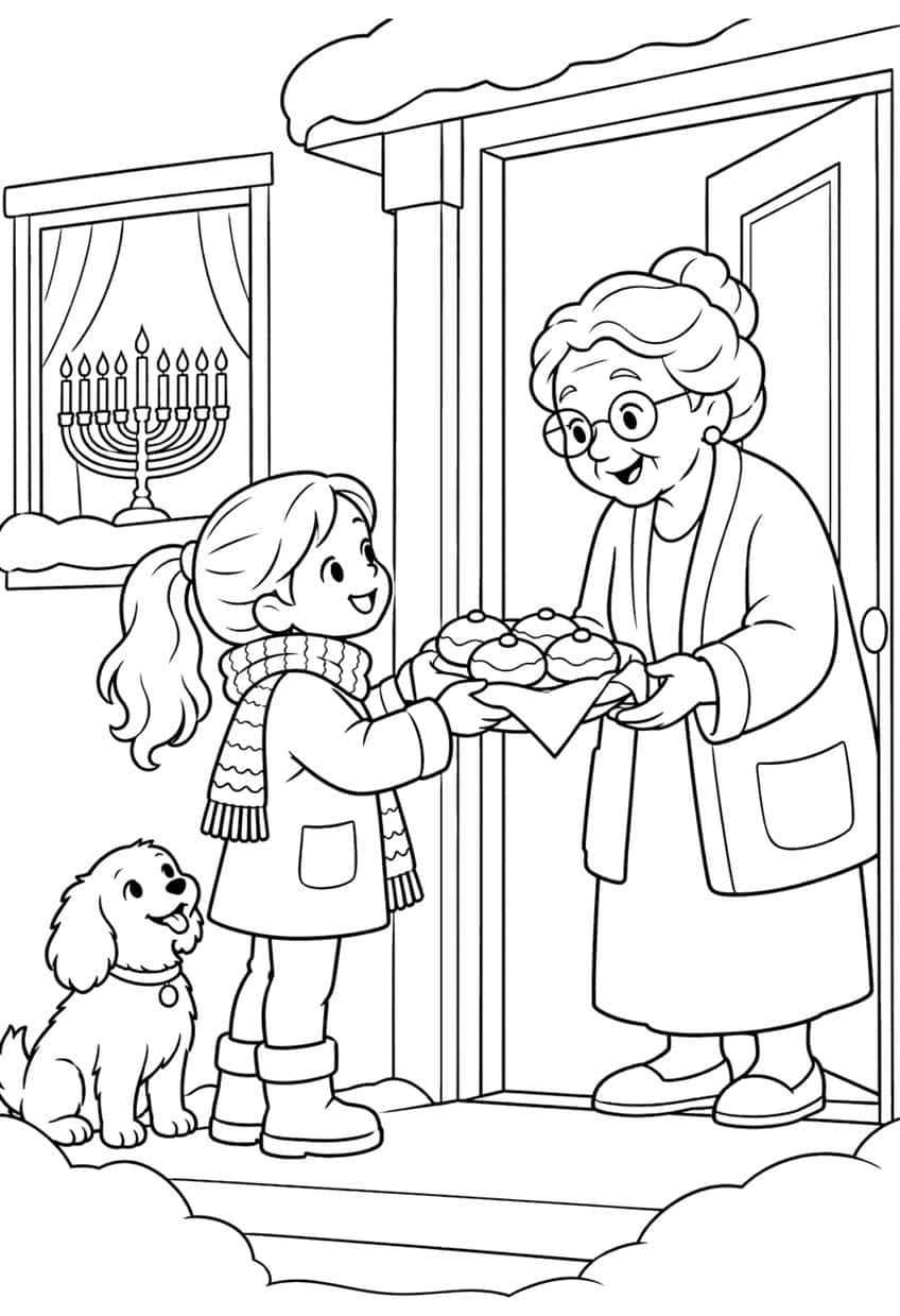 Girl handing a plate of doughnuts to a grandmother at a door, with a puppy and a menorah in the window