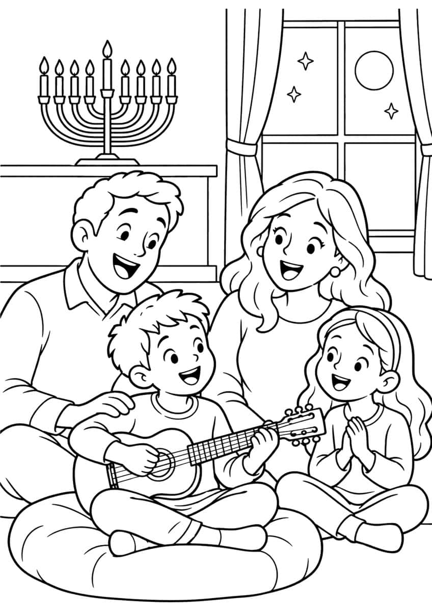 Smiling family singing, boy playing ukulele on a cushion, menorah on mantel, night window with moon and stars