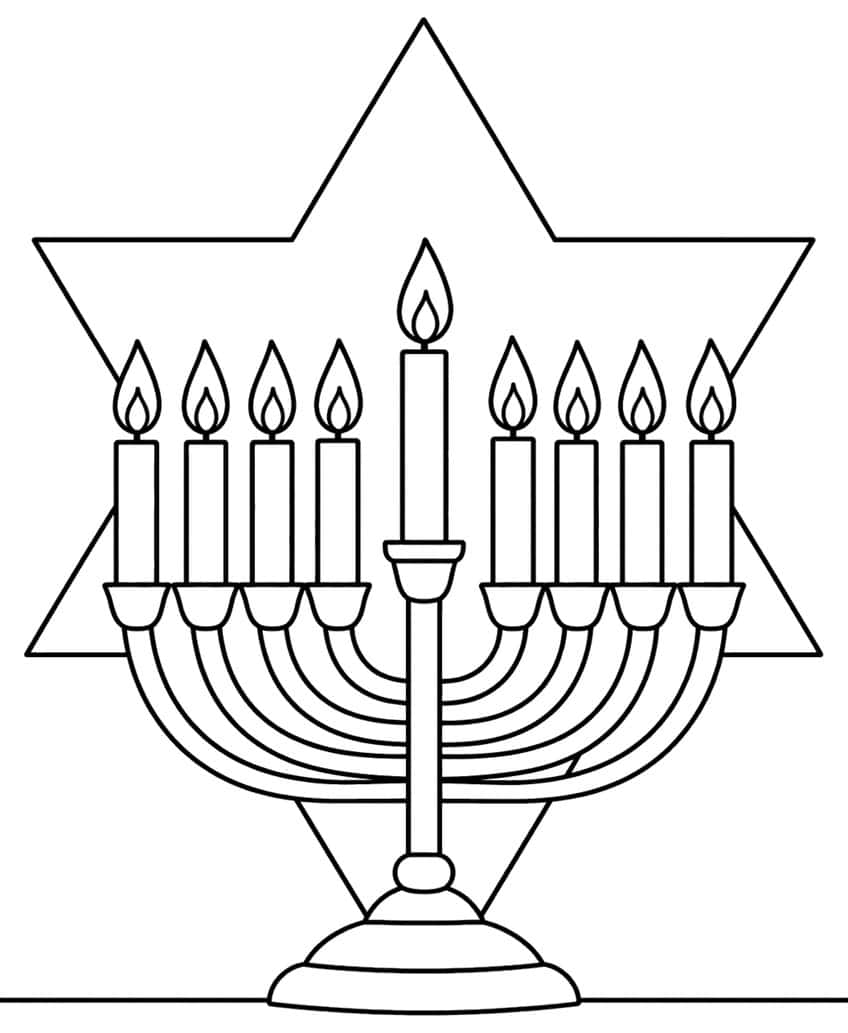 Nine-branch menorah with lit candles on a round base in front of a large six-pointed star
