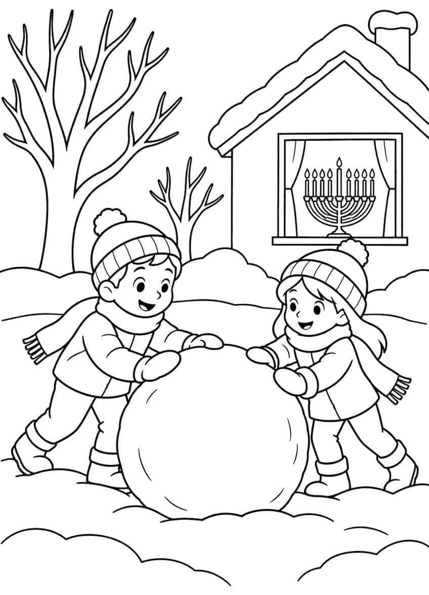 Boy and girl rolling a big snowball in front of a snowy house with a menorah in the window