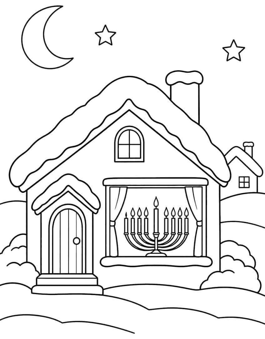 Snowy cottage with a lit menorah in the window, arched door, chimney, crescent moon, two stars and a small distant house