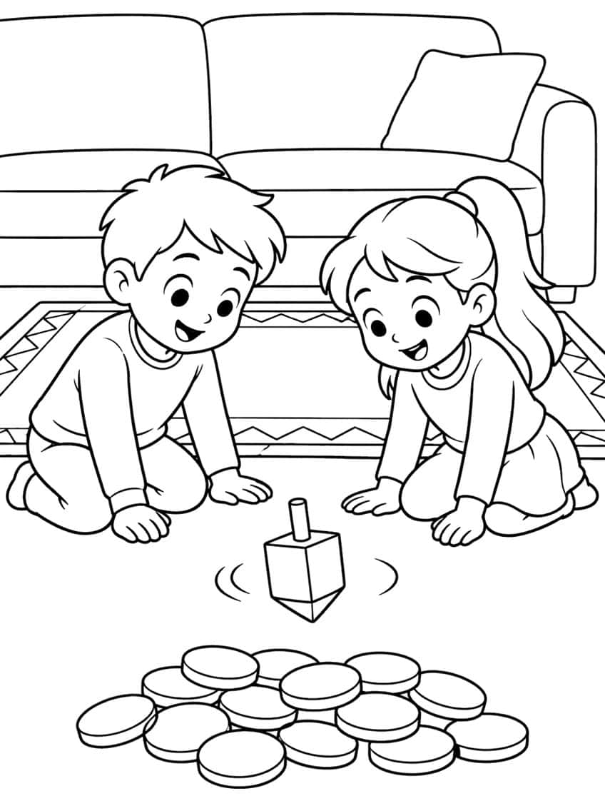 Boy and girl kneeling on a rug watching a spinning dreidel, with a pile of coins and a sofa behind