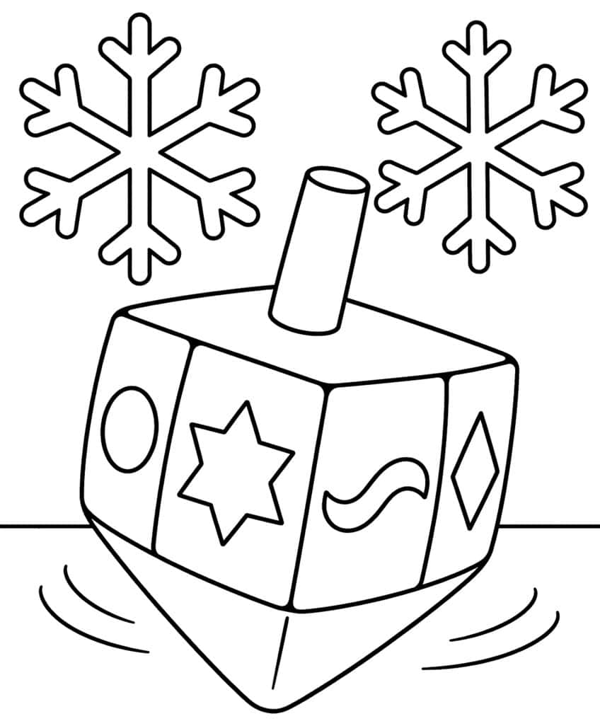 Dreidel with star, oval, squiggle and diamond symbols, two snowflakes above and motion lines