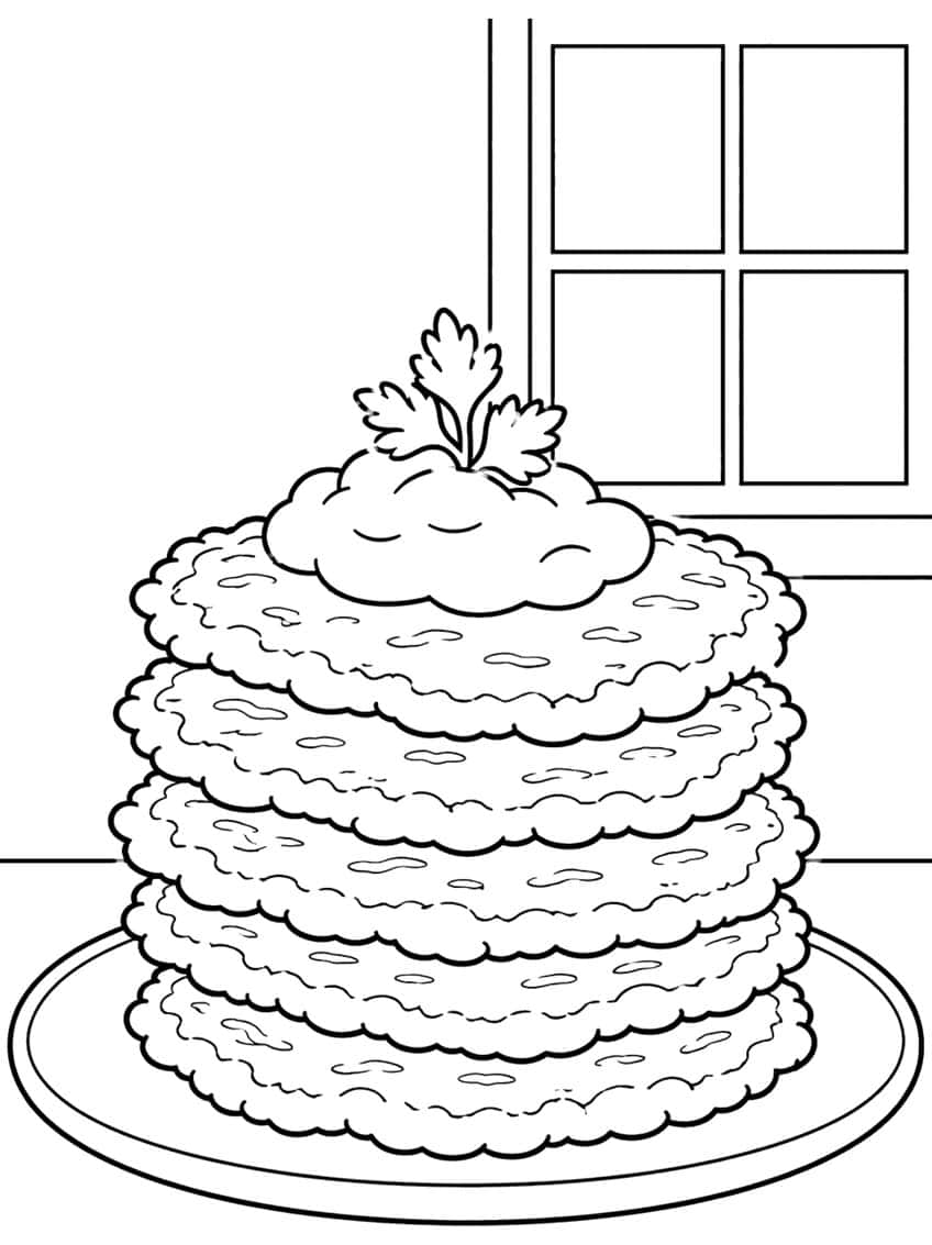 Tall stack of five latkes on a plate with sour cream and parsley beside a four-pane window