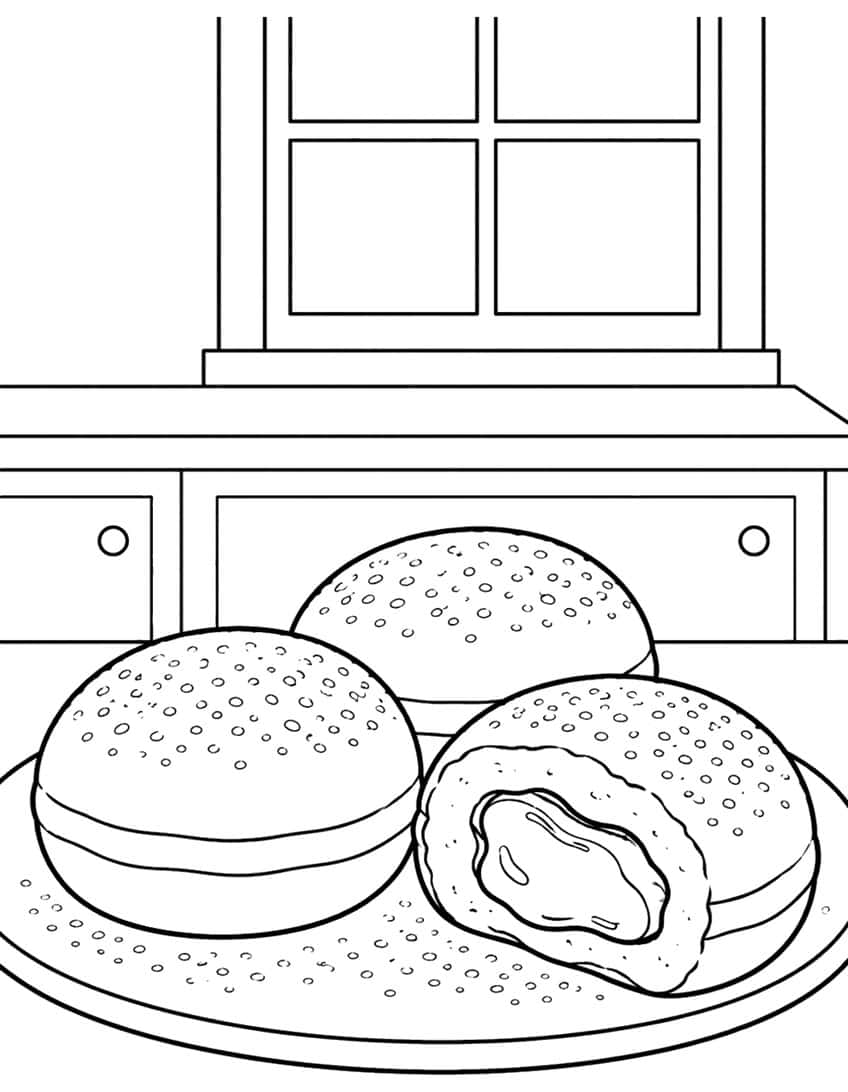Three sufganiyot doughnuts on a plate, one split open with jelly, in front of a window and cabinet