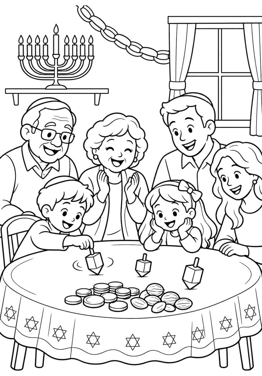 Family of six around a round table with dreidels, coins, nuts, a shelf hanukkiah and a window