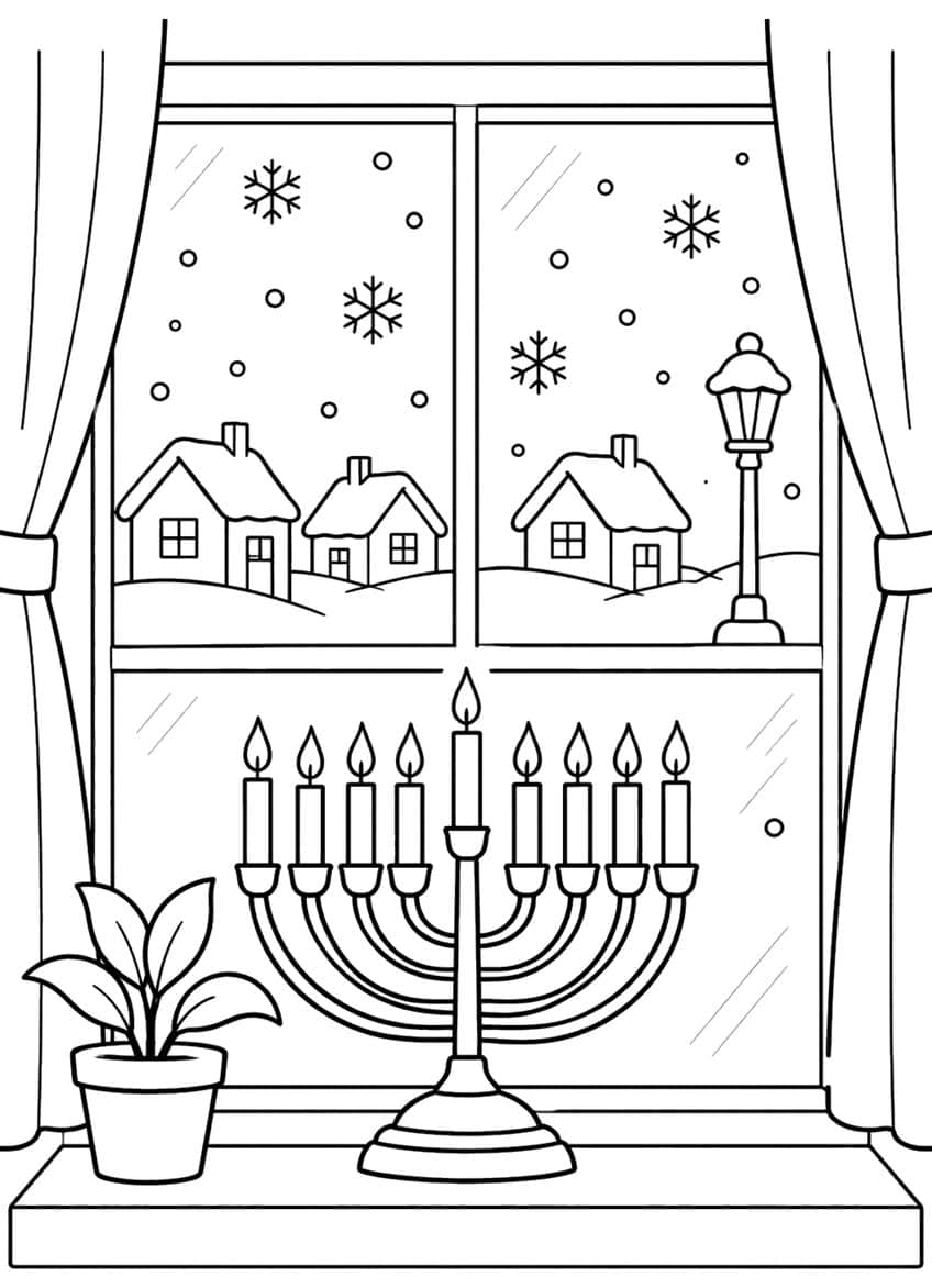 Nine-candle hanukkiah and potted plant on a window sill, snowy village and street lamp outside
