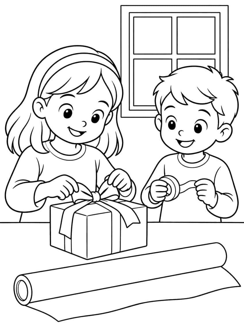 Girl and boy wrapping a gift box with a ribbon bow, tape, wrapping paper roll and window