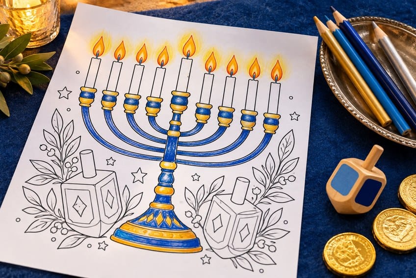 hanukkah coloring page partly colored in with pencils