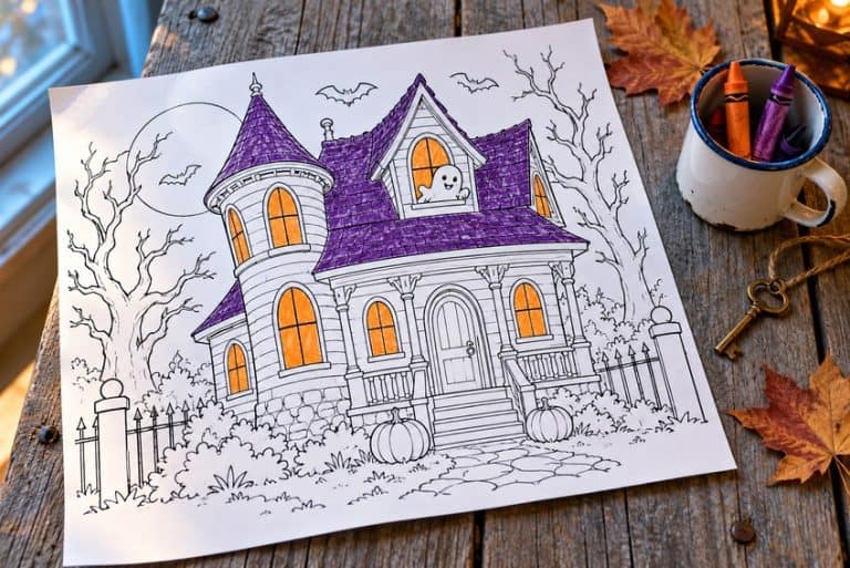 haunted house coloring page partly colored in with pencils