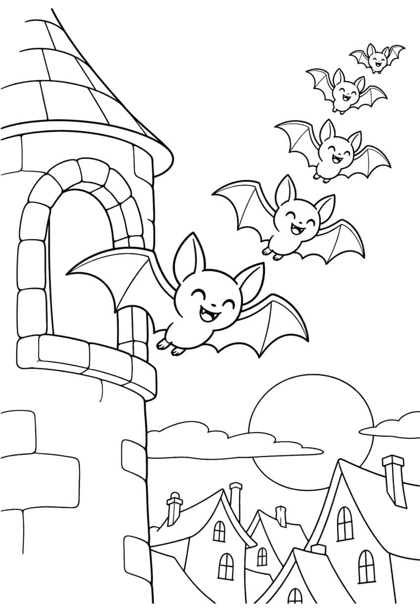 Five smiling bats flying from a stone tower window past a full moon and village rooftops