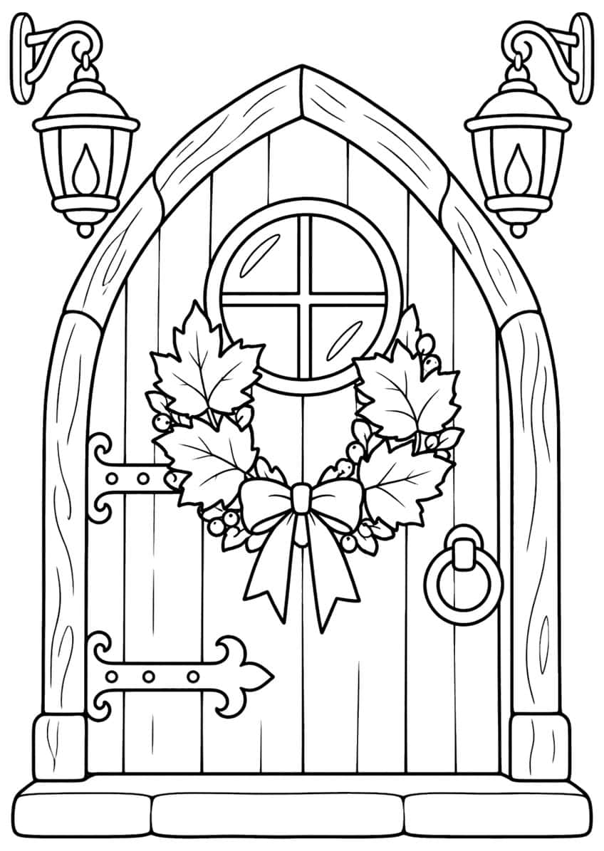 Arched wooden door with round window, leaf wreath with bow, iron hinges, ring knocker and two lanterns