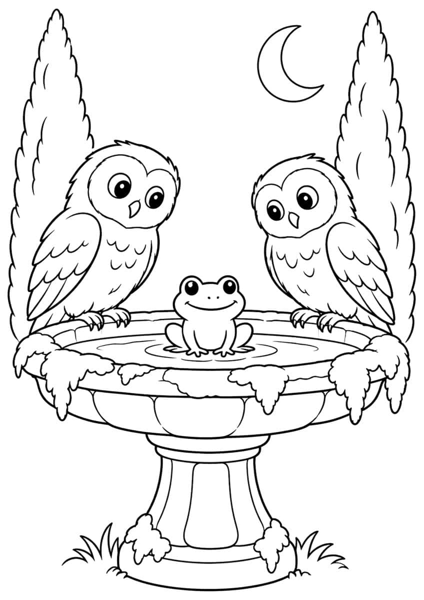 Two owls and a smiling frog on a mossy stone birdbath with cypress trees and a crescent moon