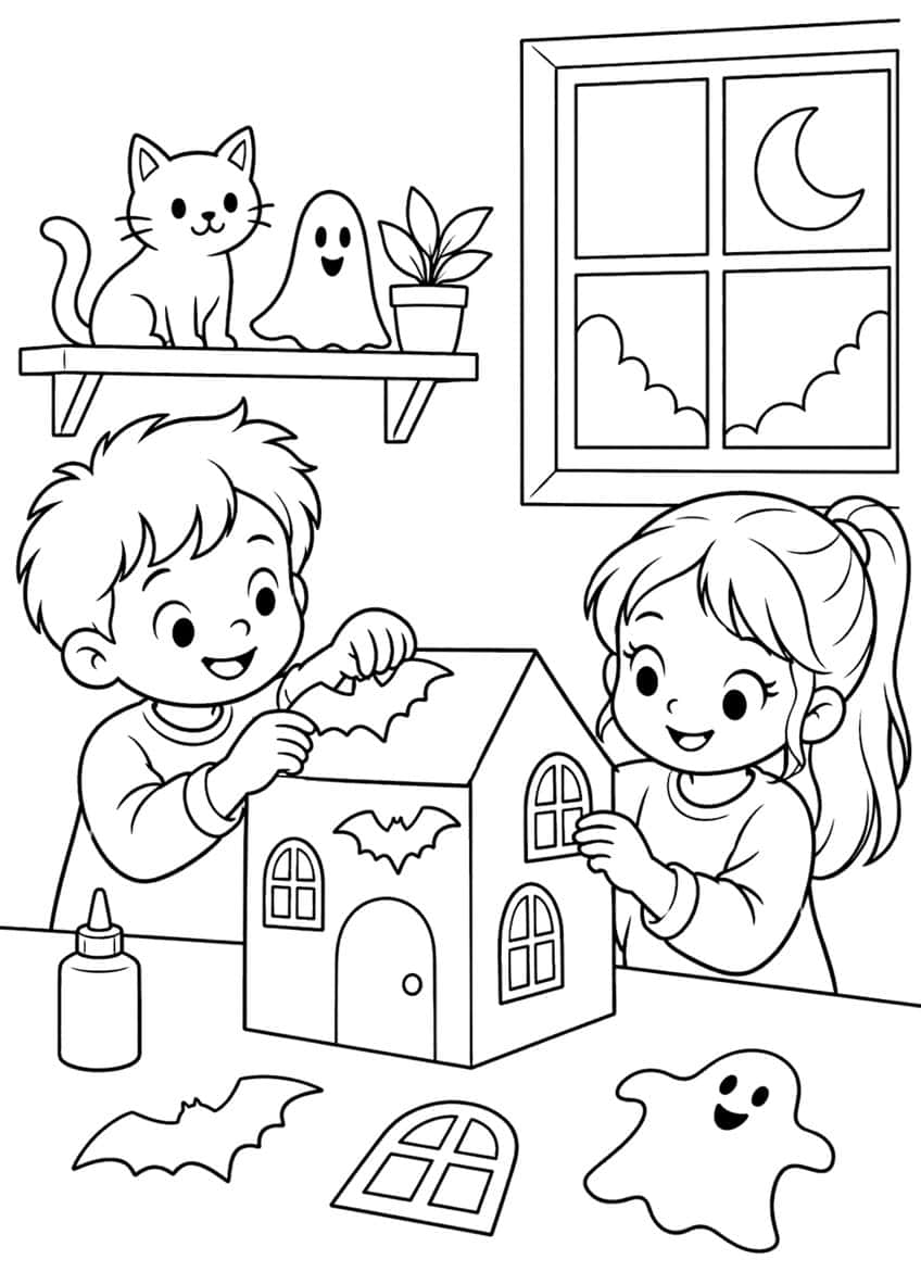 Two children glue bats onto a cardboard house, with a cat and ghost on a shelf and a moon window