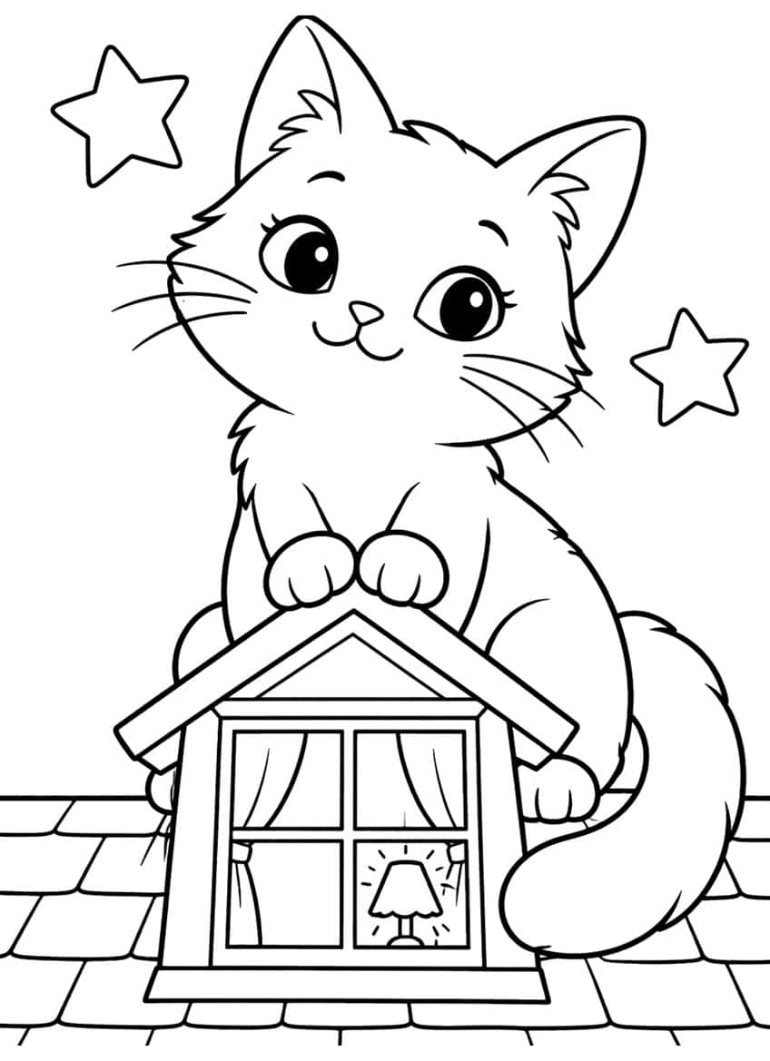 Smiling fluffy kitten on a dormer roof with lit lamp in the window, two stars and roof shingles