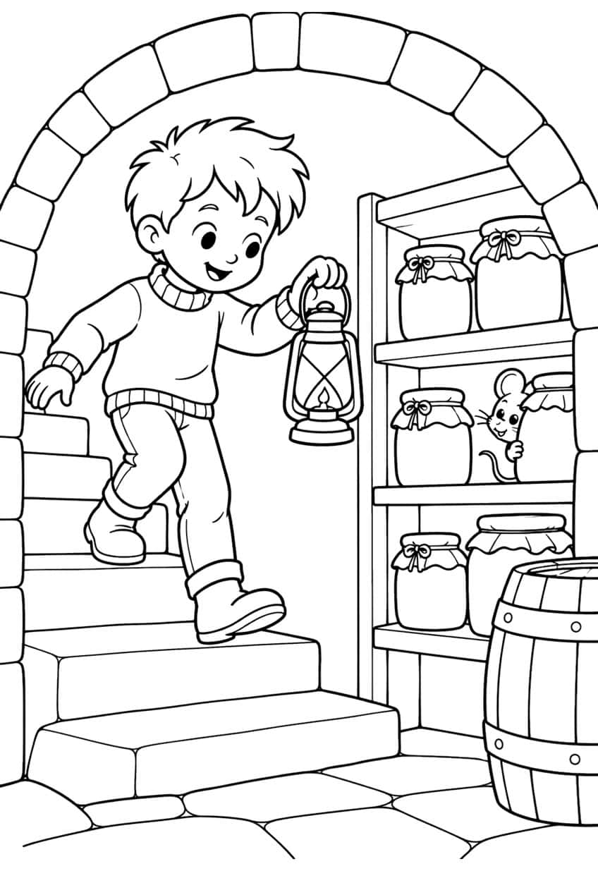 Boy with oil lantern walking down cellar stairs past shelves of jam jars, a mouse and a barrel