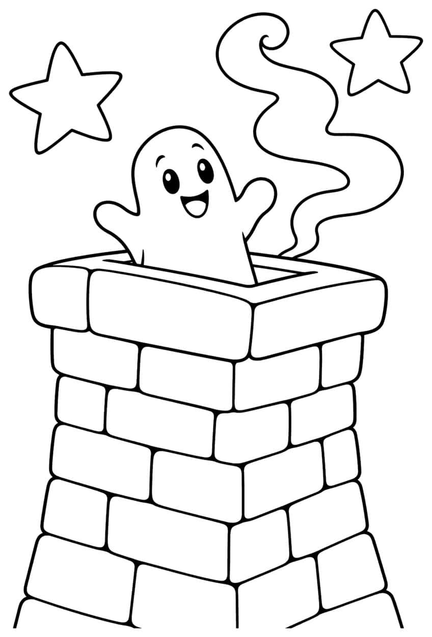 Smiling ghost rising from a brick chimney with curly smoke and two stars