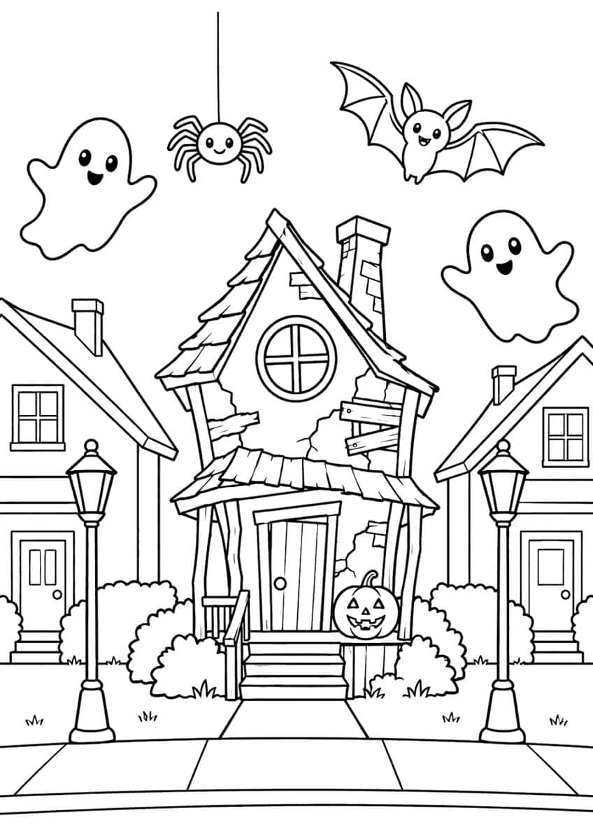 Crooked haunted house with pumpkin between two houses, lamp posts, two ghosts, a spider and a bat