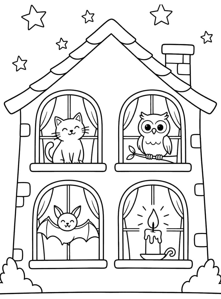 House with four arched windows showing a cat, owl, bat and candle, under a tiled roof and stars