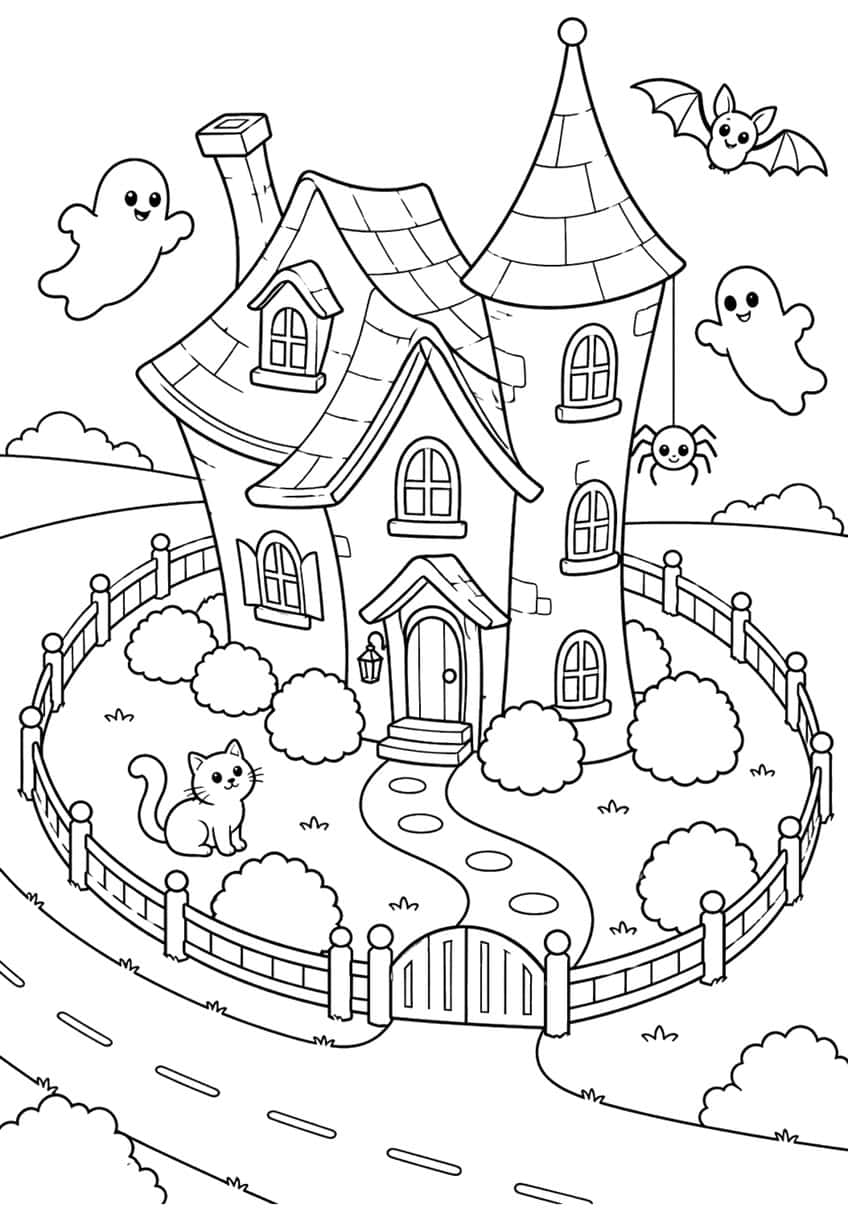 Crooked haunted cottage with tower, fenced yard, path, kitten, two ghosts, bat and spider