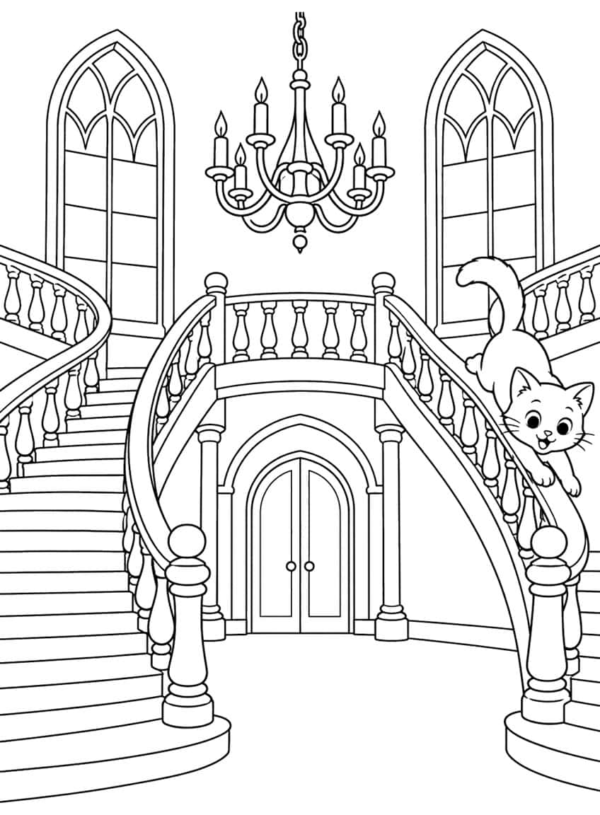 Grand double staircase with a kitten on the banister, chandelier, arched windows and double doors