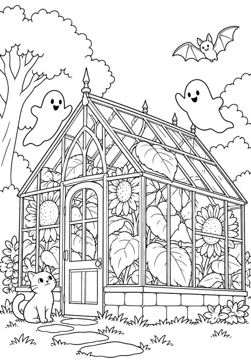 Greenhouse with sunflowers, two ghosts, a bat, a kitten and stepping stones