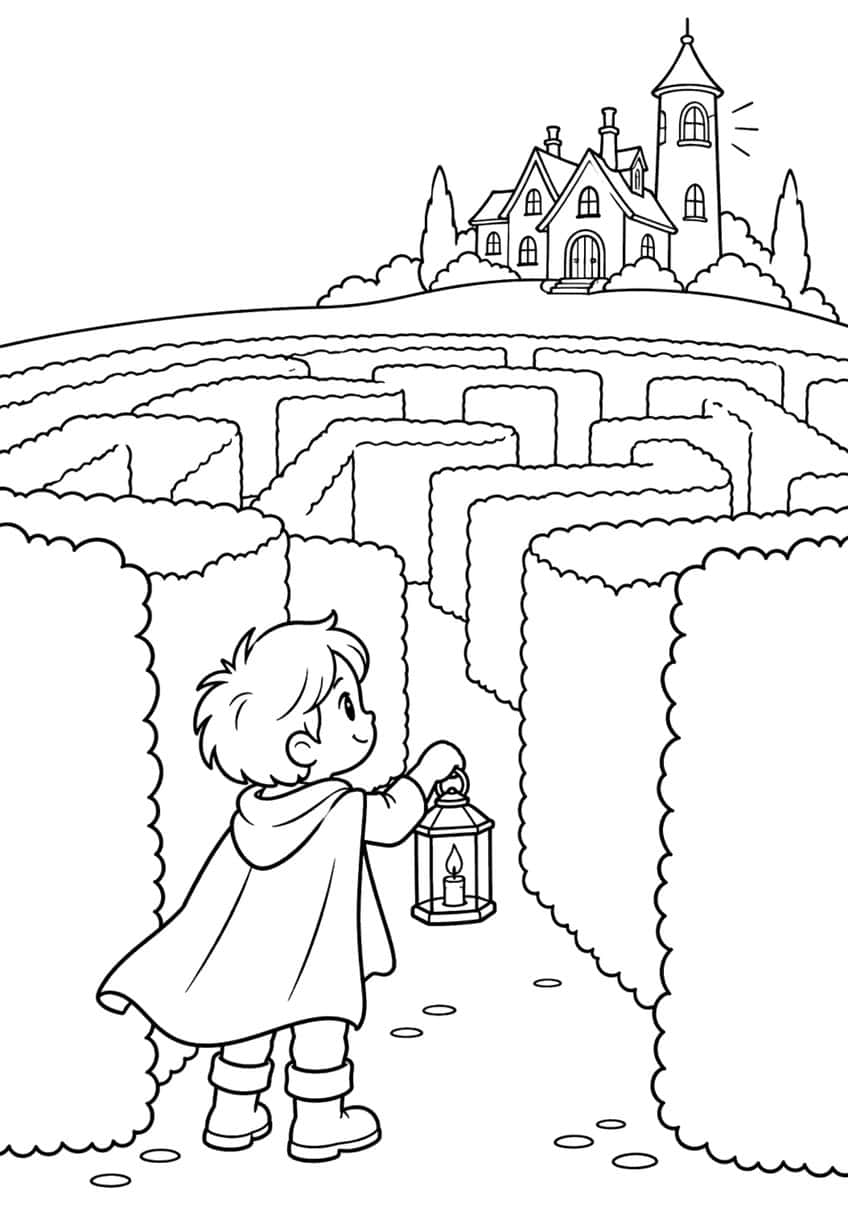 Boy in a cloak with a candle lantern in a hedge maze, mansion with tower on a hill
