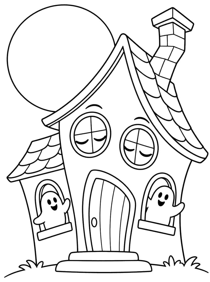 Crooked haunted house with round windows, brick chimney, two waving ghosts and a large moon