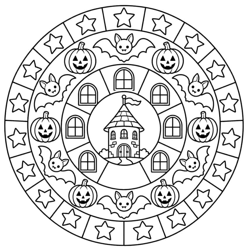 Round mandala with a haunted tower, arched windows, pumpkins, bats and a ring of stars