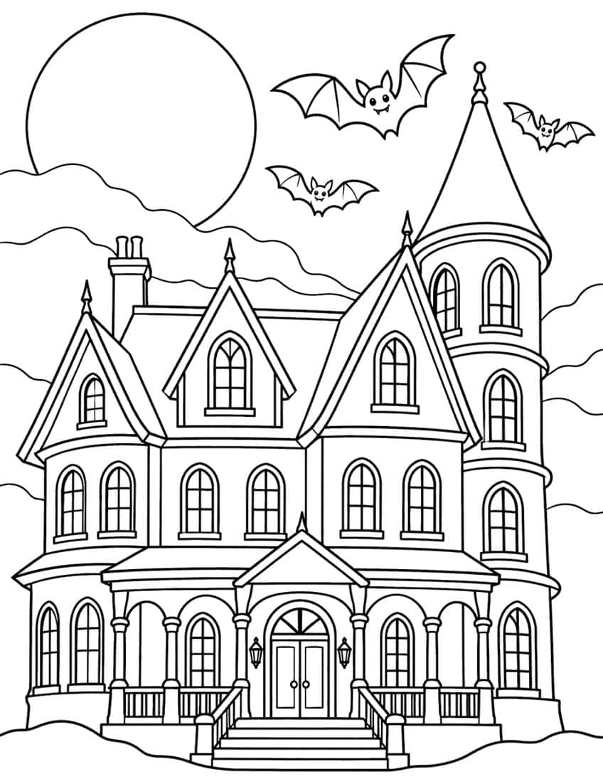 Victorian haunted mansion with a round tower, porch, full moon, fog bands and three bats