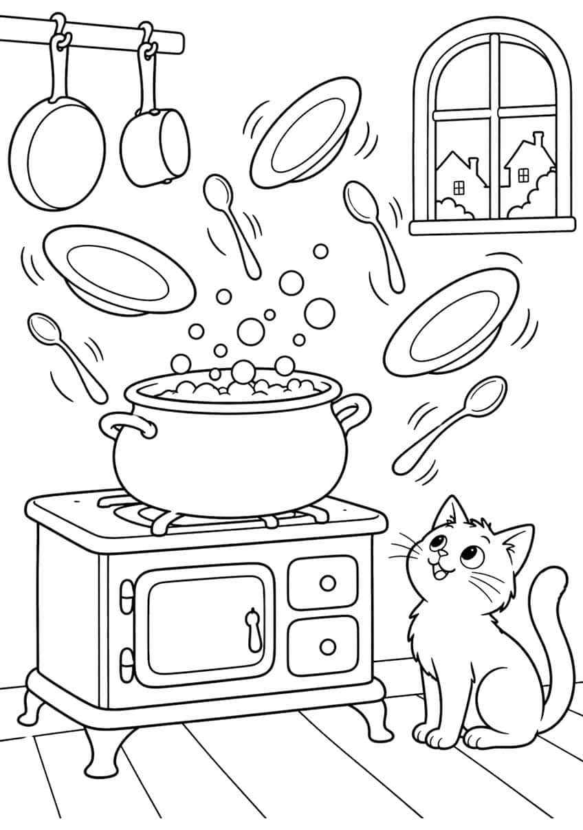 Flying plates and spoons over a bubbling pot on a stove, a kitten, hanging pans and an arched window