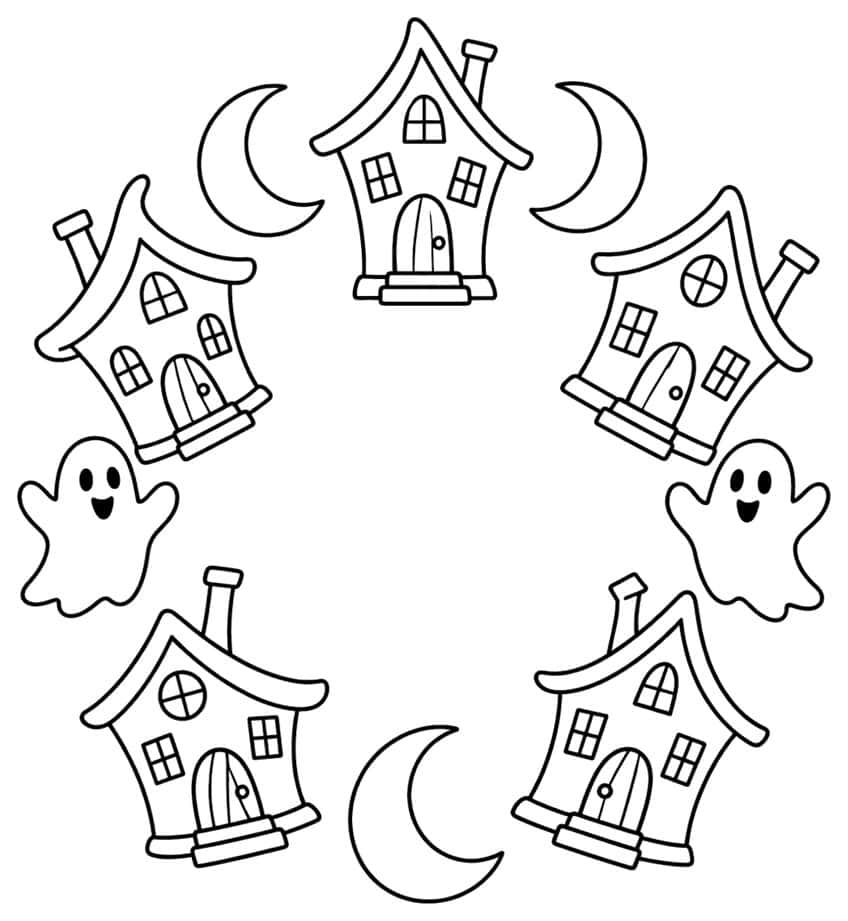 Wreath of five crooked houses, three crescent moons and two smiling ghosts